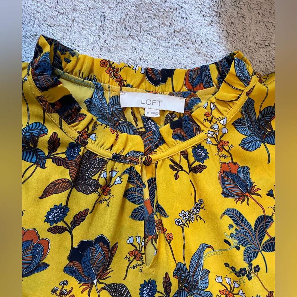 LOFT Mustard Floral Top with Blue and Orange Accents